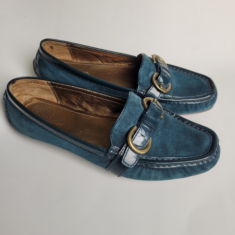 Women's Teal Suede Loafers with Buckle Accent - Picture 4 of 13